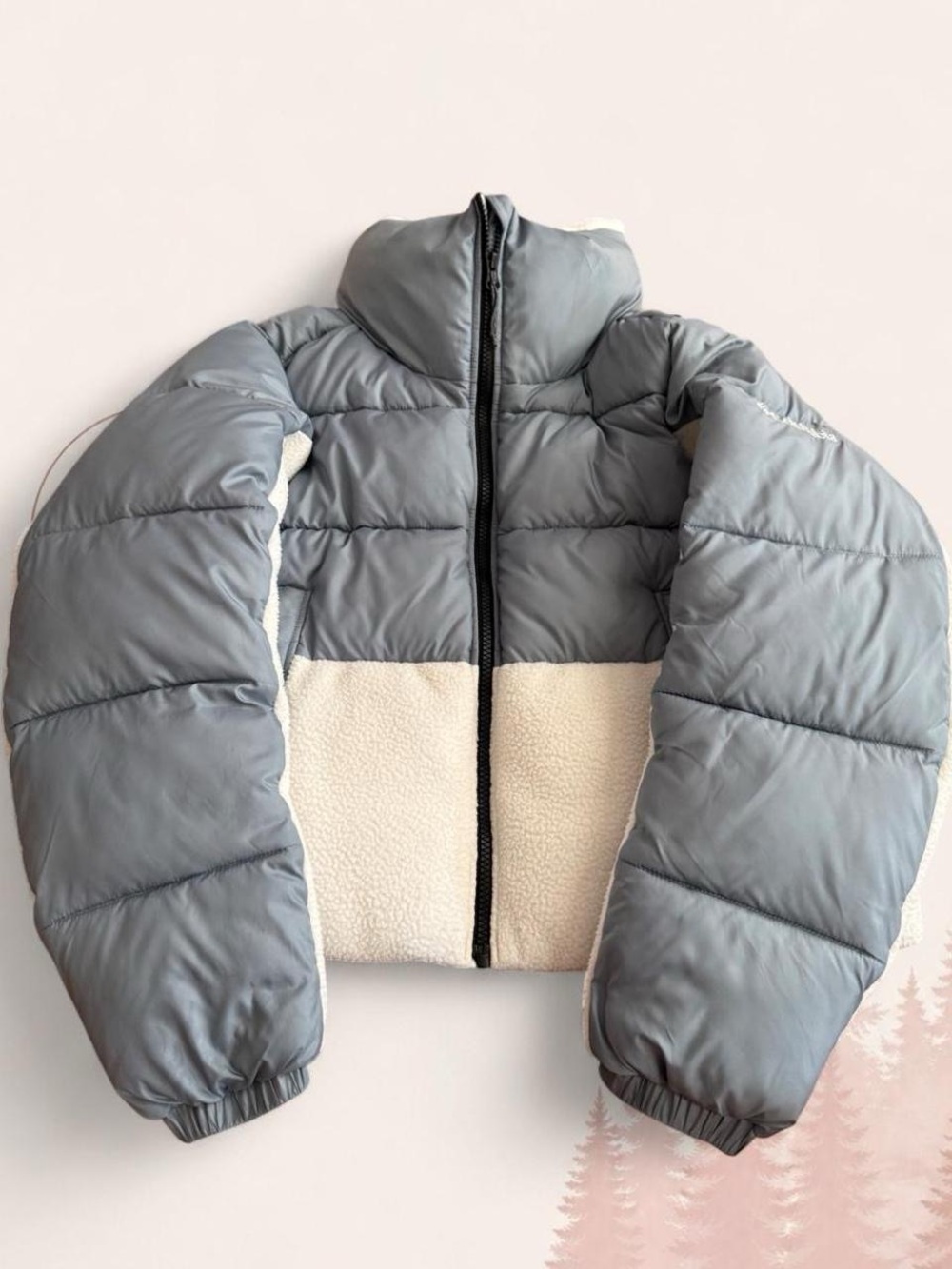 Columbia Cropped Sherpa Puffer Jacket Gray & Ivory Full Zip Size Medium